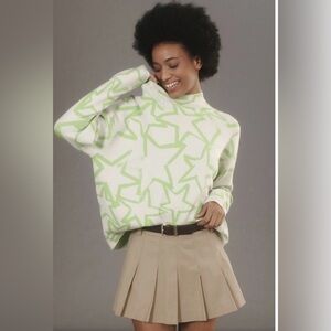 Anthropologie Maeve Carys Sweater Mock Neck Lime Green Star Motif Size M